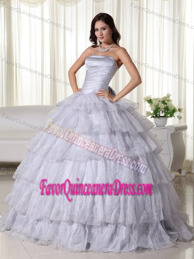 Light Gray Ball Gown Floor-length Quince Dress in Organza with Beadings