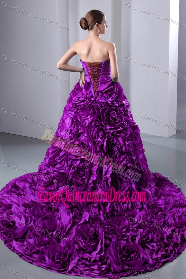 Purple A-line Sweetheart Quinceaneras Dress with Ruches and Rolling Flowers