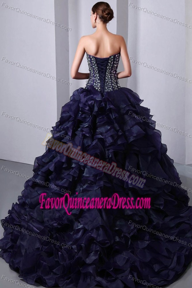 Beaded and Ruffled Dresses for Quinceanera in Dark Purple with Sweetheart