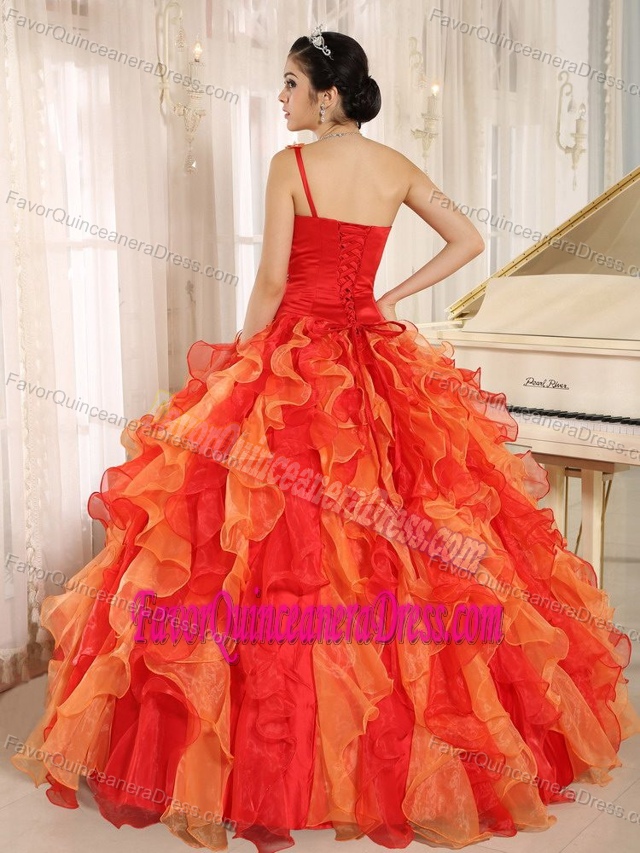 One Shoulder Ruffled Quinceanera Gown Dress with Handmade Flowers in Orange