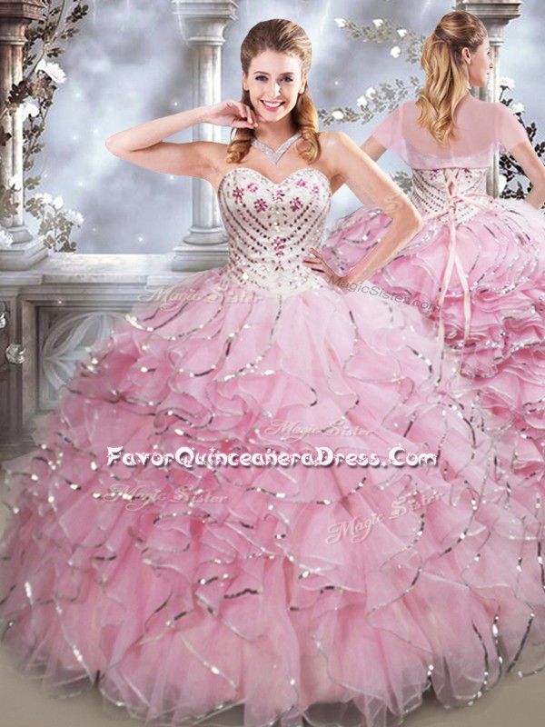 Sleeveless Floor Length Beading and Ruffles Lace Up Sweet 16 Dresses with Baby Pink