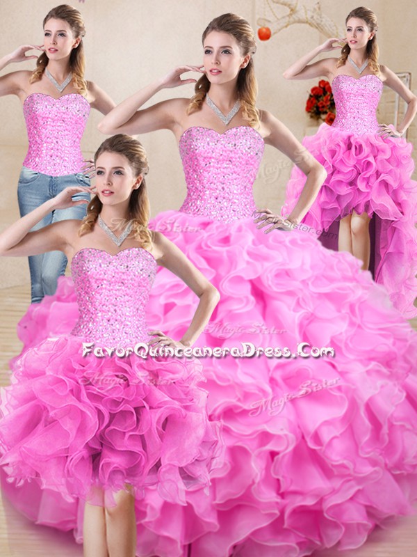 Ideal Floor Length Rose Pink Quinceanera Dress Organza Sleeveless Beading and Ruffles
