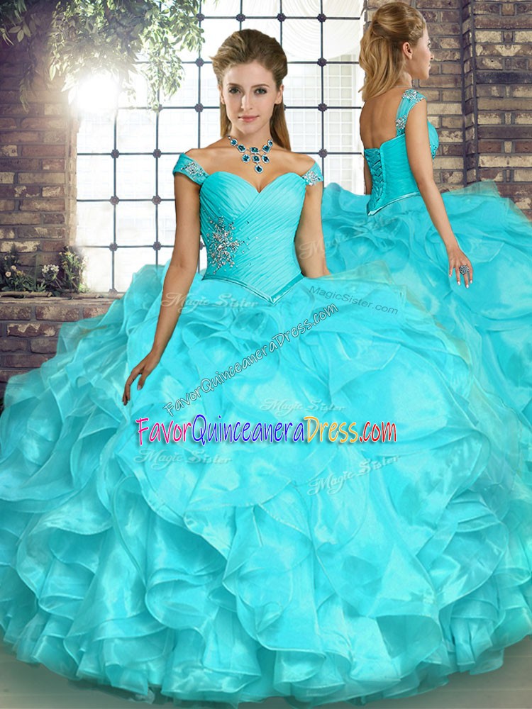 New Arrival Aqua Blue Lace Up Off The Shoulder Beading and Ruffles ...