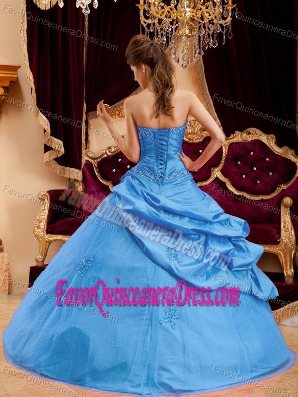 Most Popular Strapless Taffeta Quinceanera Gown Dresses with Appliques