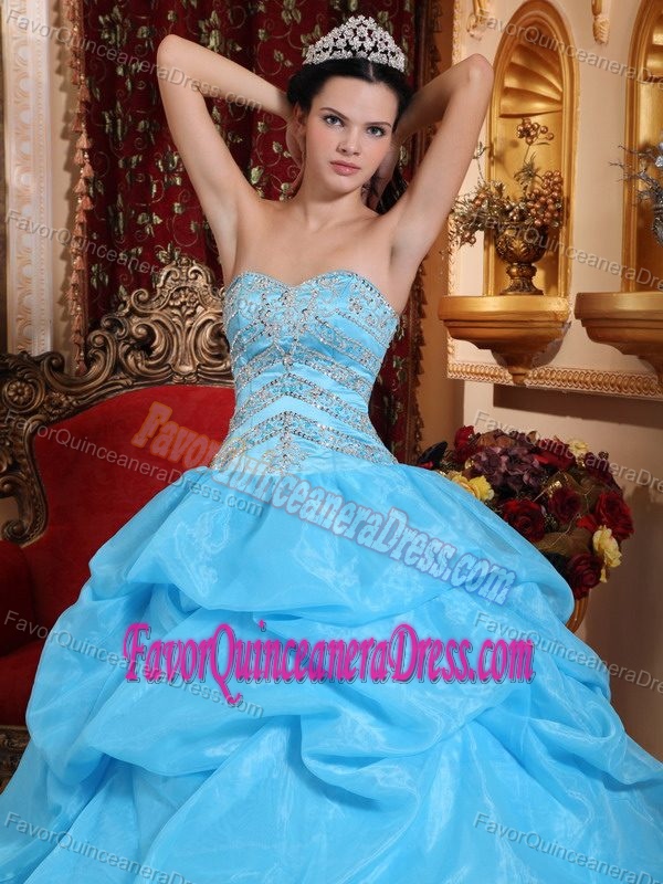 Aqua Blue Sweetheart Quinceanera Dress in Organza with Beads and Pickups