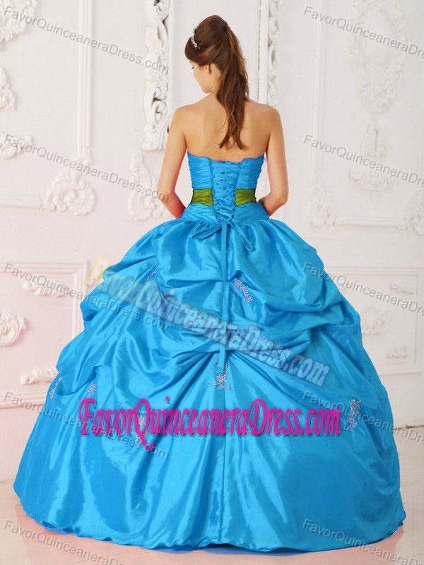 Teal Strapless Taffeta Beauty Quinceanera Dress with Beads and Green Bowknot