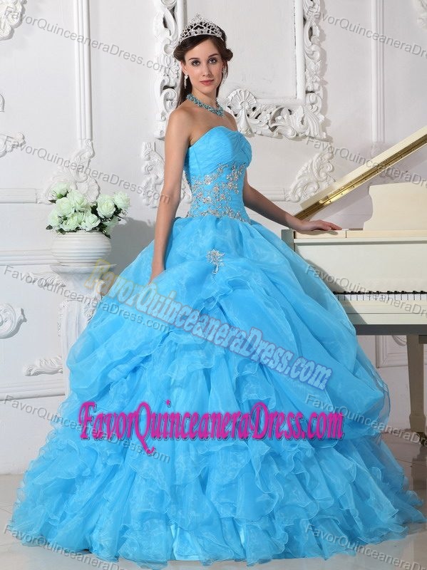 Aqua Blue Ruched Fall Dress for Quinceanera with White Appliques in Organza