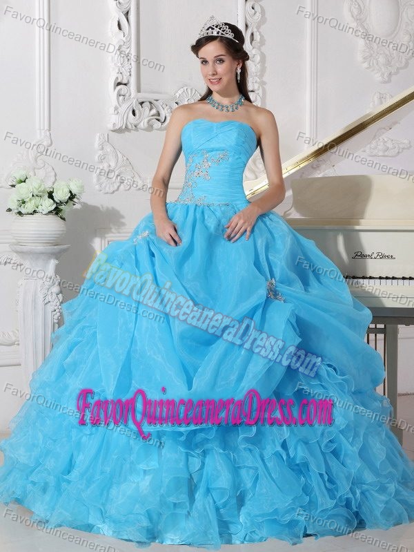 Aqua Blue Ruched Fall Dress for Quinceanera with White Appliques in Organza