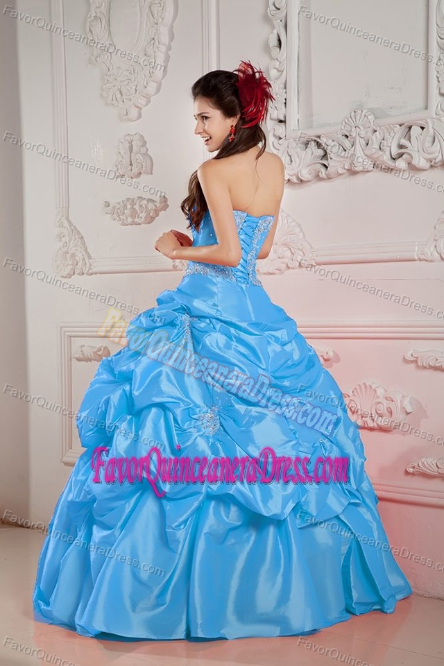 Popular Strapless Sweet Sixteen Dress with Beadings and Pickups in Taffeta