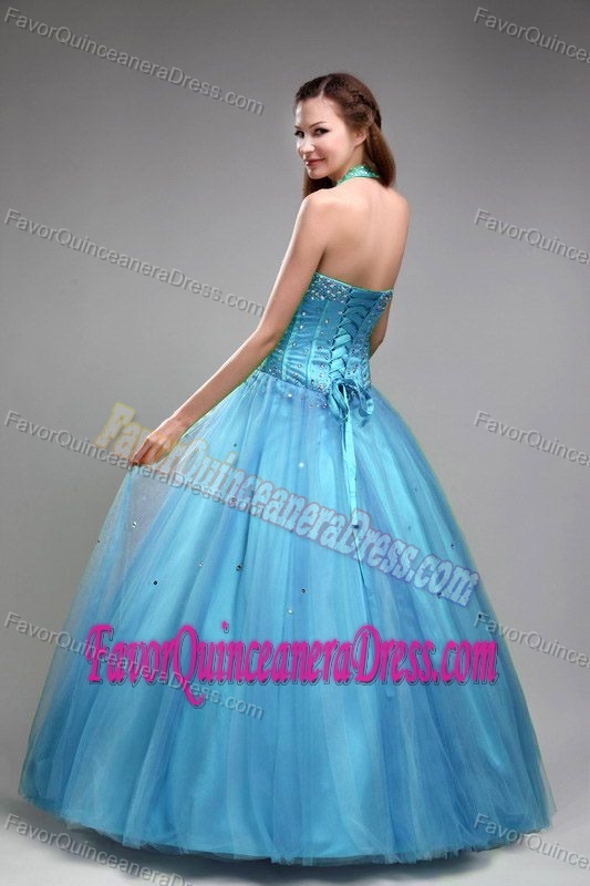 Green Halter Tulle Beaded Quinceaneras Dresses with Beads and Ruches