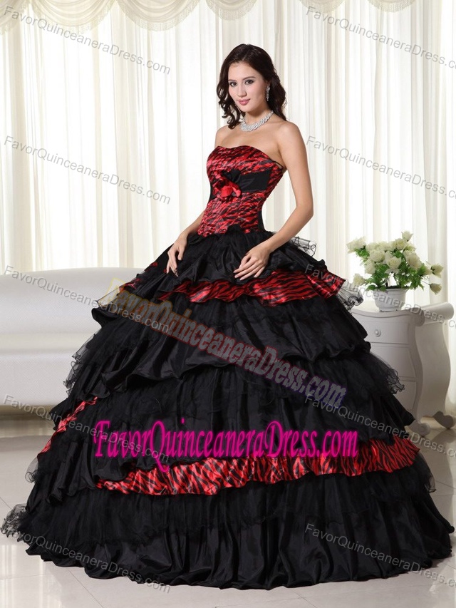 2013 Leopard Strapless Black Organza and Taffeta Quinceanera Gowns with Layers