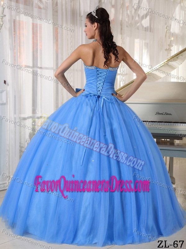 Sweetheart Tulle Blue Dress for Quinceaneras with Beading and Bowknot