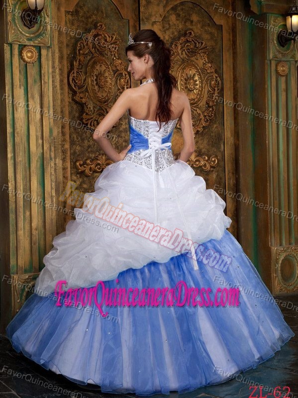 White and Baby Blue A-line Halter Sweet 15 Dress with Beads and Pick-ups