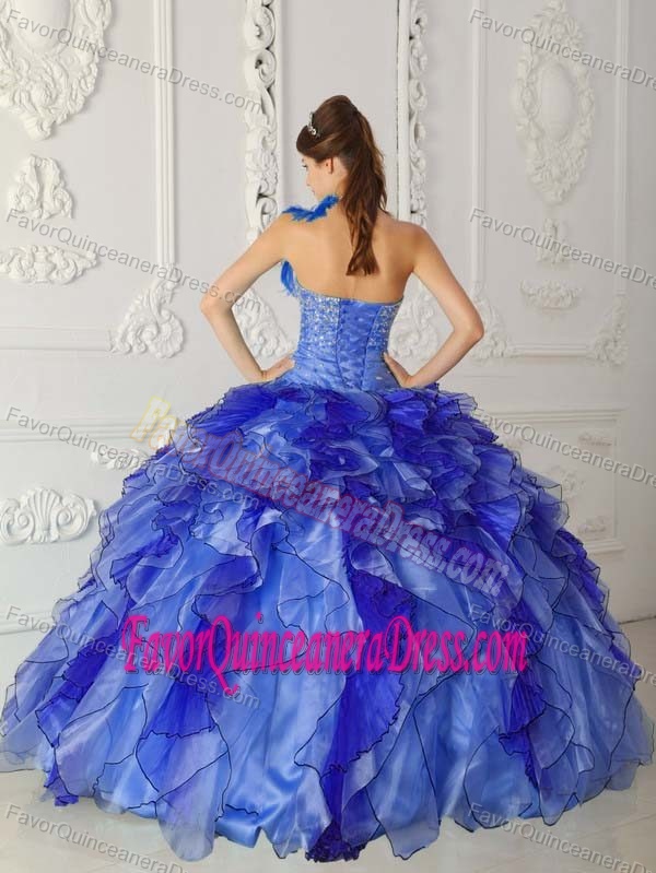 New Style Royal Blue One Shoulder Satin and Organza Quince Dresses in Promotion