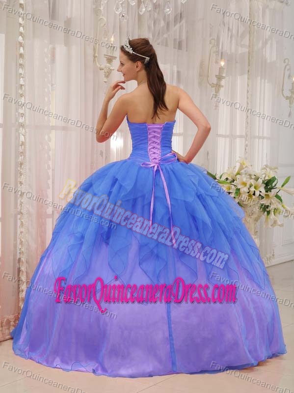 Sexy Strapless Beaded Blue Dresses for Quinceaneras with Flowers in Organza