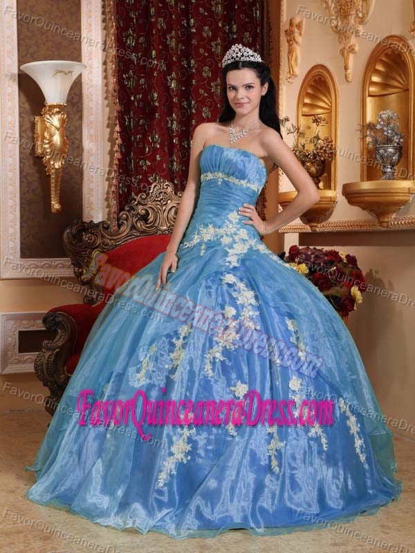 Strapless Floor-length Organza Blue Appliqued Righteous Dresses for ...
