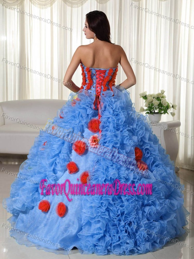 Aqua Ball Gown Ruffled Swank Quinces Dresses with Colorful Handmade Flowers