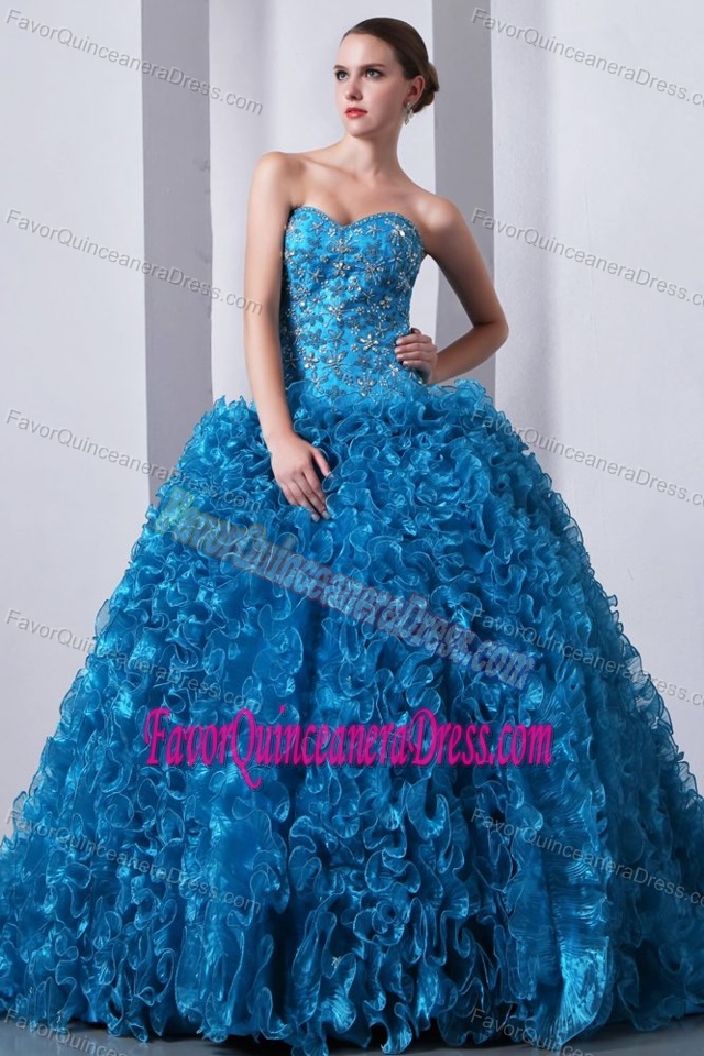 Fashion Blue A-Line Beaded Bodice Quinceanera with Rolling Flowers on Sale