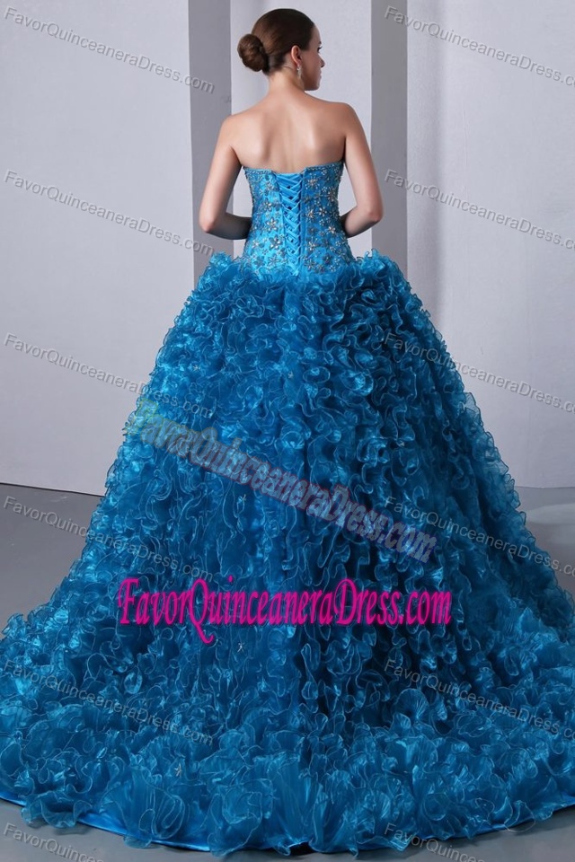 Fashion Blue A-Line Beaded Bodice Quinceanera with Rolling Flowers on Sale