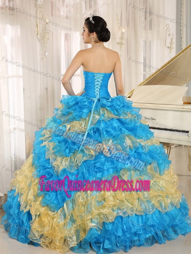 Colorful Sweetheart Blue Dress for Quince with Beading and Ruffled Layers on Sale