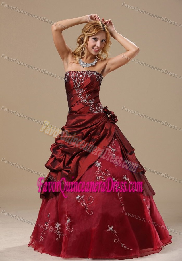 Flowers Strapless Embroidery Burgundy Pretentious Dresses for Quinceanera