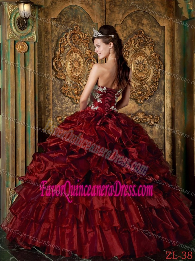 Dressed to The Teeth Ruffles Strapless Appliques Burgundy Quince Dresses