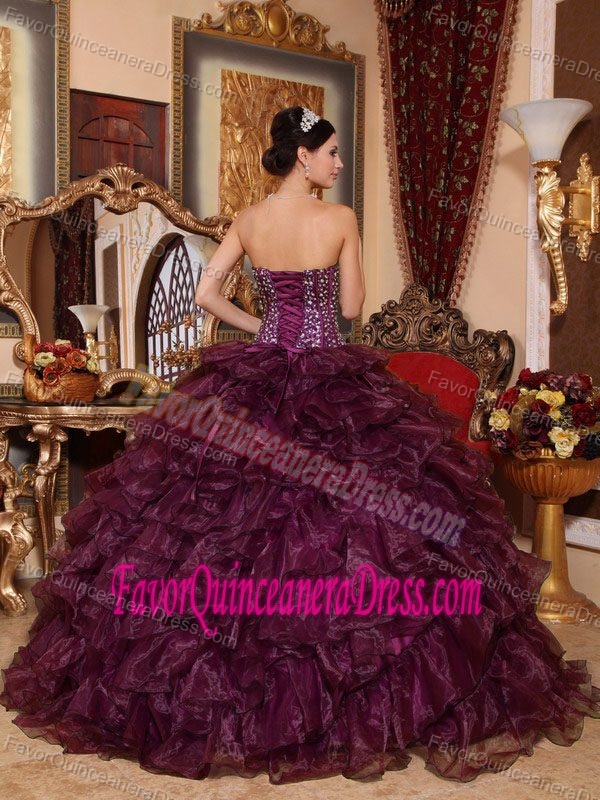 Burgundy Sweetheart Beading Ruffle Organza Impressive Quinceanera Gowns