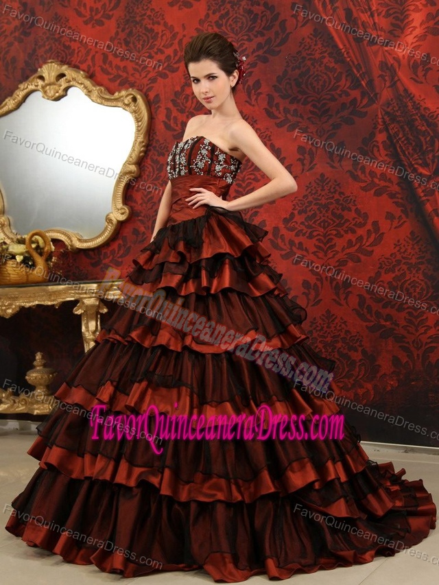 Rust Red and Black Sweetheart Court Train Quince Dresses in Taffeta