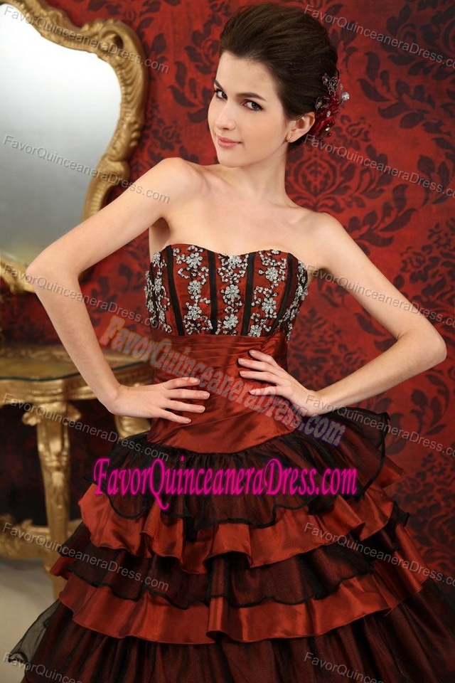Rust Red and Black Sweetheart Court Train Quince Dresses in Taffeta