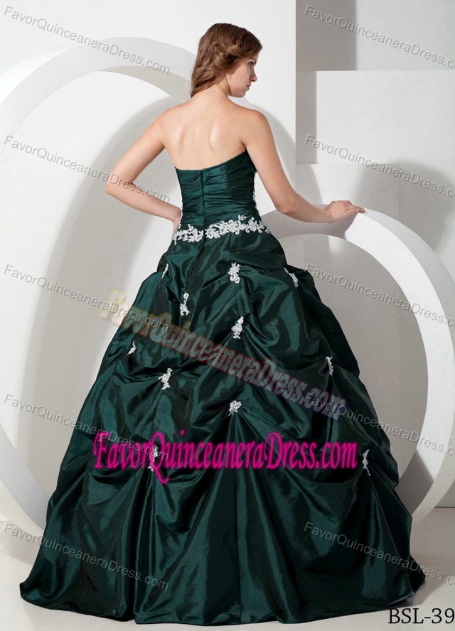 Hunter Green Sweetheart Quinceanera Gown Dresses with White Appliques