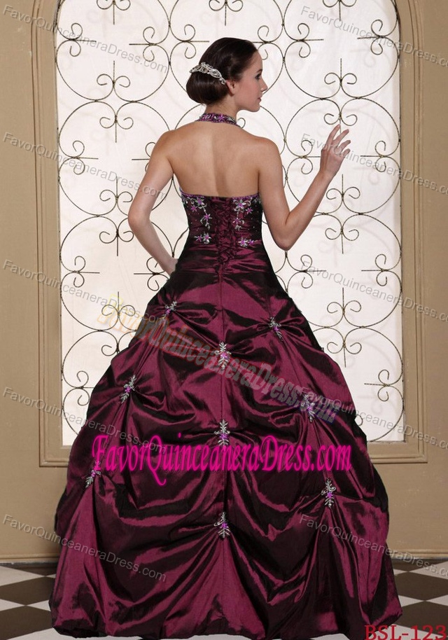Halter-top Taffeta Dress for Quinceanera with Beadings in Dark Red Color