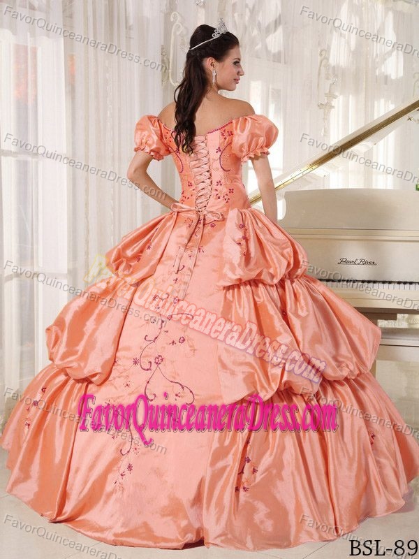 Cheap Orange Off-the-shoulder Quinceanera Gown with Embroidery and Pickups