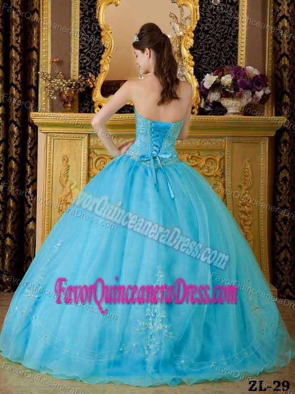 Aqua Blue Strapless Organza Beaded Impressive Dresses for Quinceanera