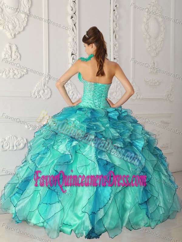 Gorgeous Turquoise One Shoulder Satin and Organza Sweet 17 Dresses