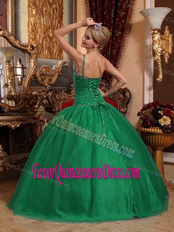 Elegant Dark Green Spaghetti Lace-up Tulle Quinceanera Dress with Beading
