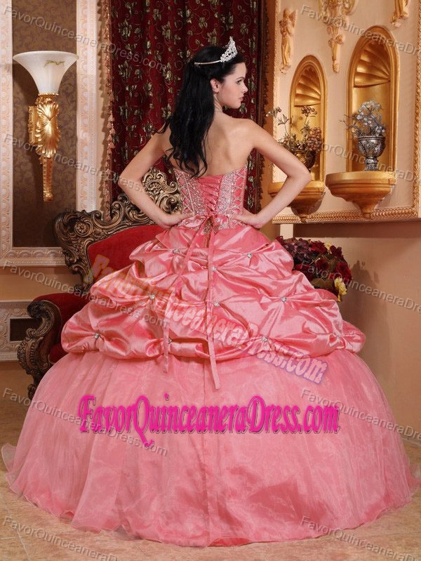 Watermelon Sweetheart Organza Beaded Magnificent Dress for Quinceaneras