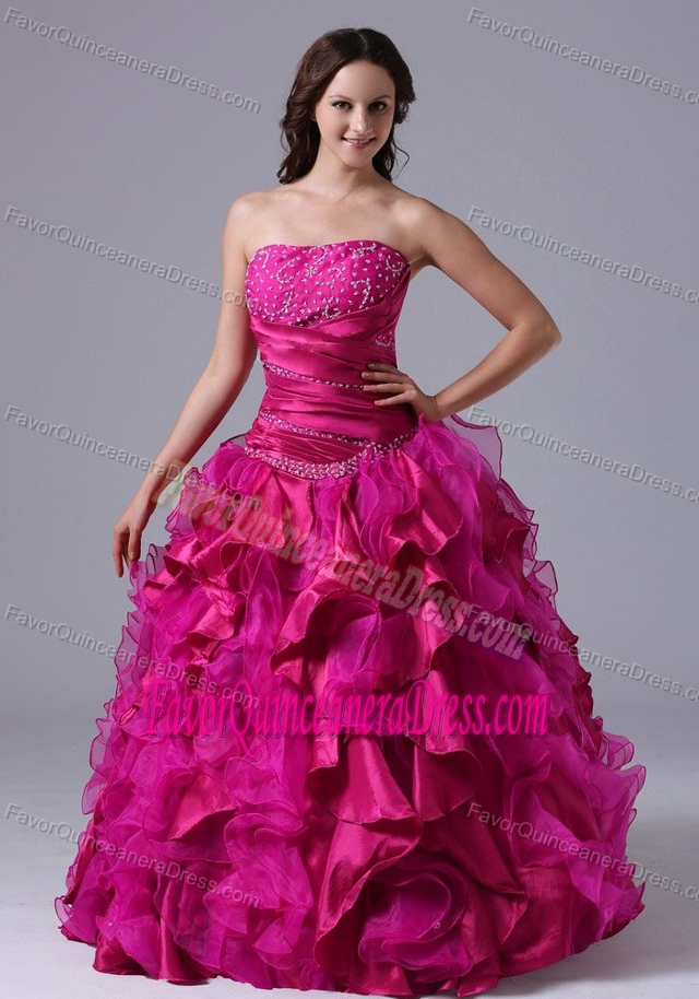 Popular Organza Lace-up Quinceanera Gown Dresses in Fuchsia with Ruffles