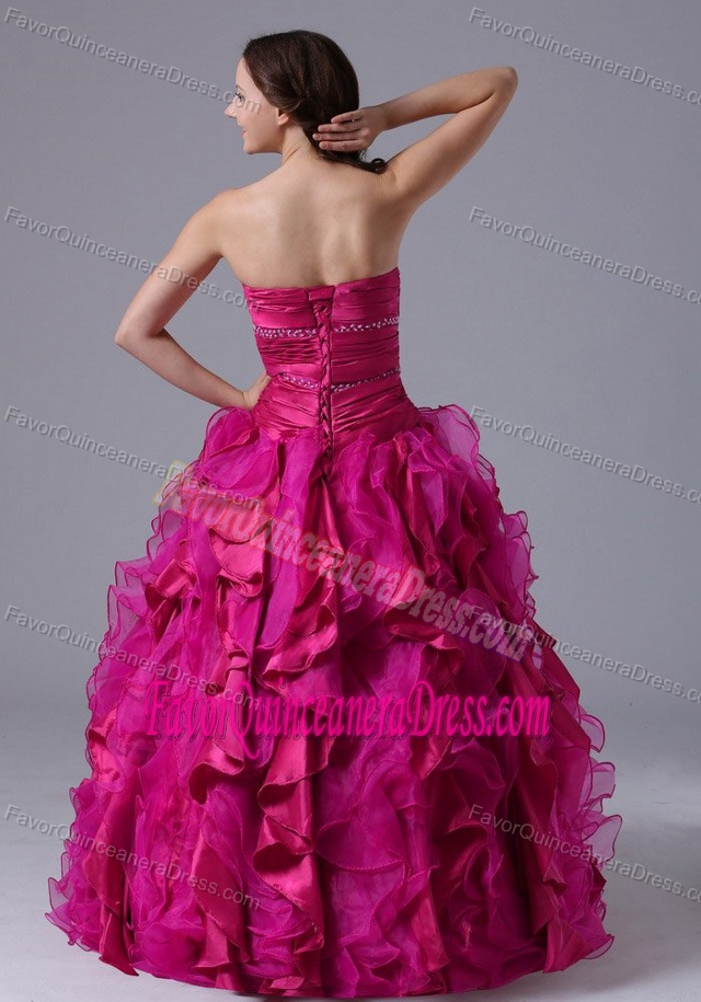 Popular Organza Lace-up Quinceanera Gown Dresses in Fuchsia with Ruffles