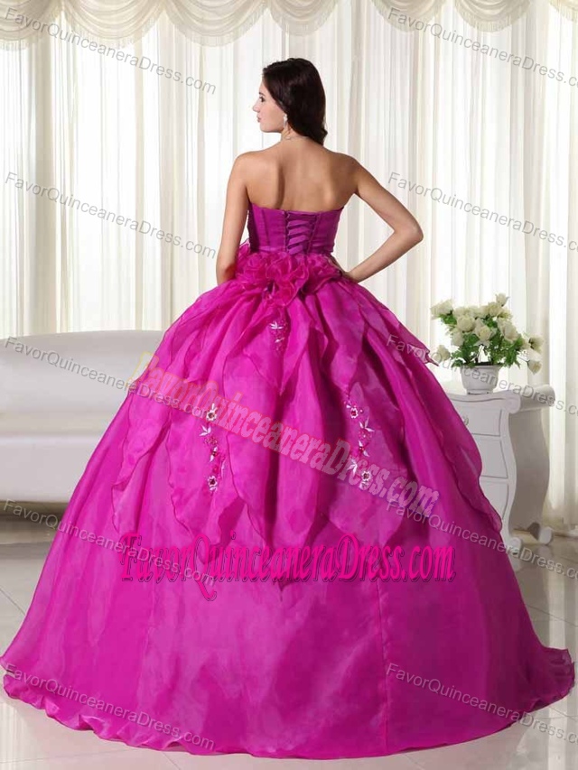 Fuchsia Strapless Organza Lace-up Wonderful Quince Dresses with Appliques