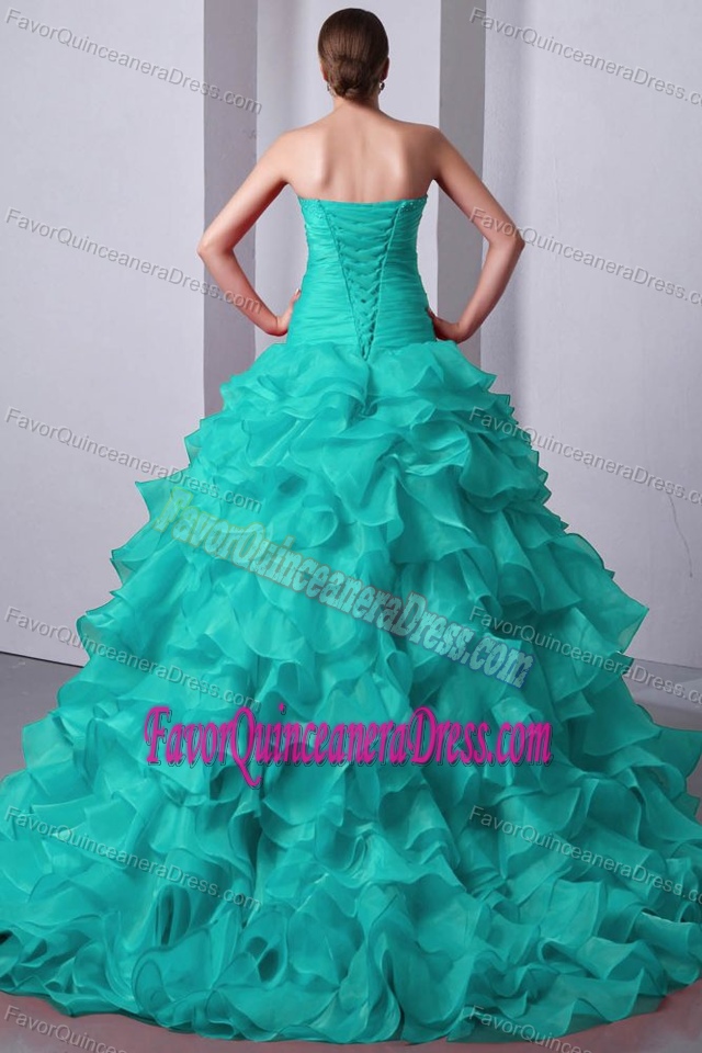 Blue Sweetheart Brush Train Organza Discount Quinces Dresses with Ruffles