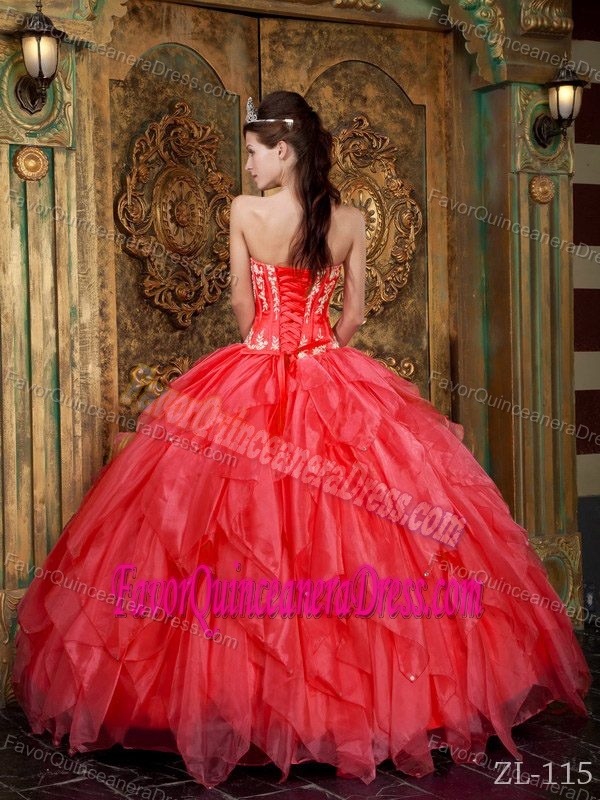 Gorgeous Red Strapless Dresses for Quince with Appliques in Organza