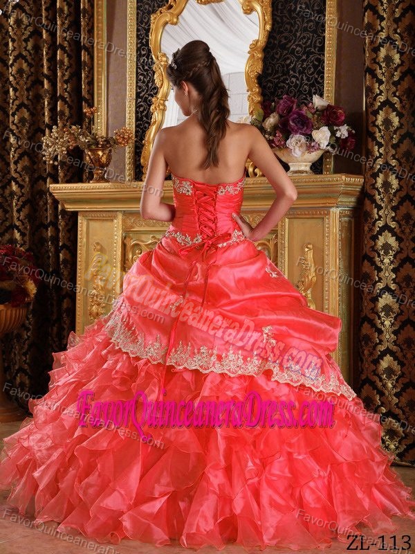 Watermelon Strapless Organza New Quinceanera Gown with Appliques