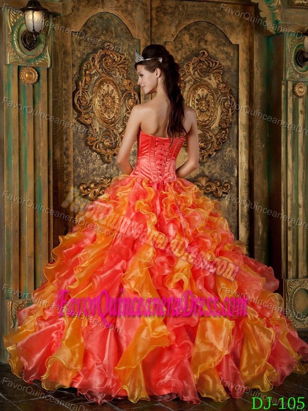 Bright Colorful Strapless Organza Dress for Quinceanera with Ruffles