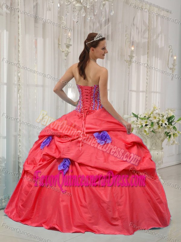 Taffeta Red Strapless Sweet Sixteen Dresses with Beading and Flowers