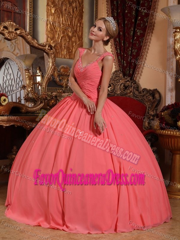 Graceful Ruched V-neck Watermelon Quinceanera Dresses in Chiffon