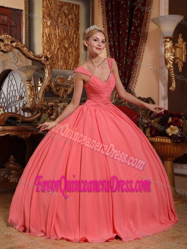 Graceful Ruched V-neck Watermelon Quinceanera Dresses in Chiffon