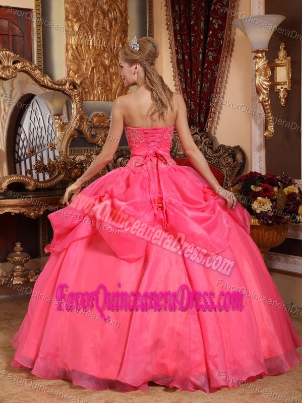Appliqued Sweetheart Hot Pink Quince Dress in Taffeta and Organza