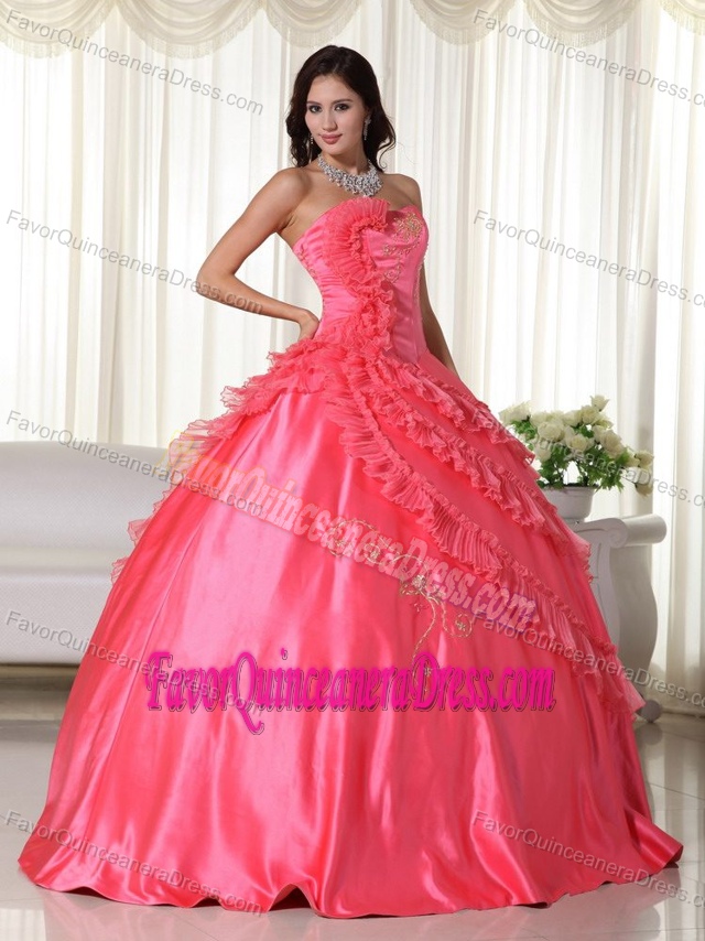 Red Strapless Floor-length Taffeta Dress for Quince with Embroidery