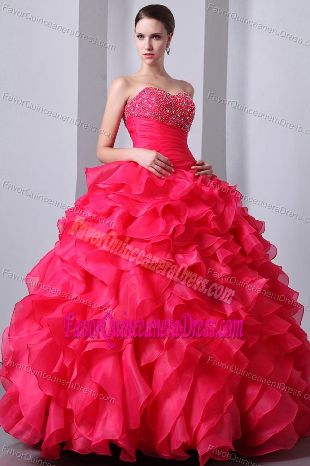 Fitted Coral Red Organza Sweetheart Quince Dresses in Floor-length