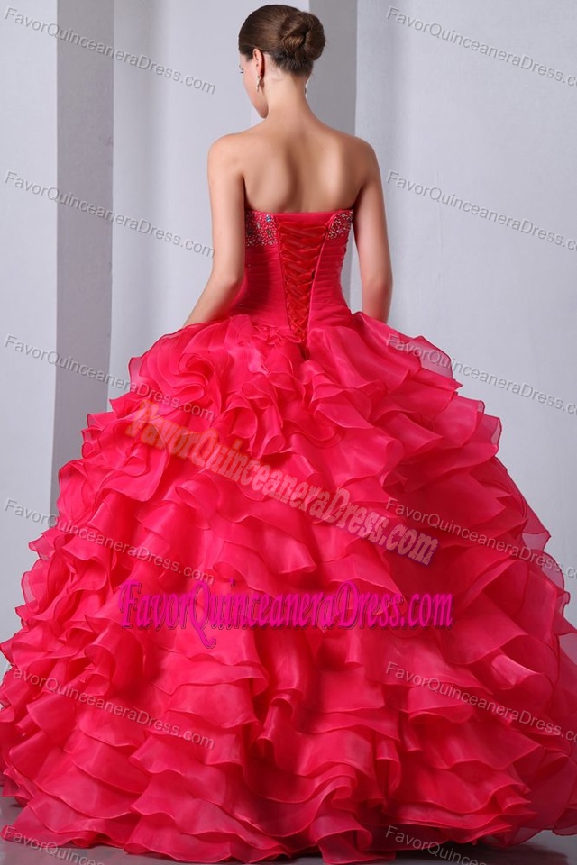Fitted Coral Red Organza Sweetheart Quince Dresses in Floor-length